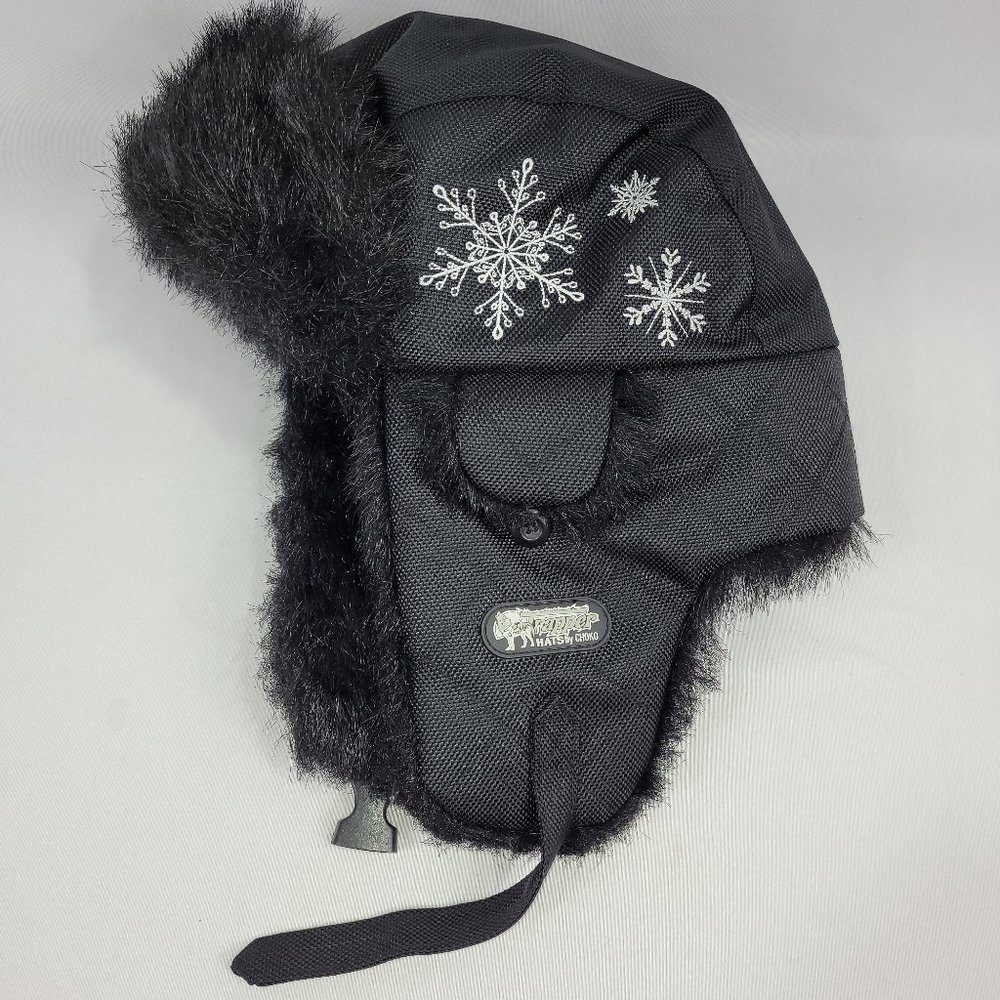 Trapper Choko Vintage Black Aviator Winter Hat Snowflake Faux Fur Youth